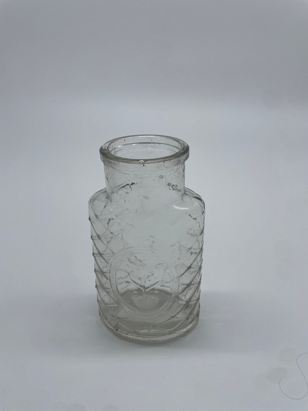 Vintage Clear Glass Bottle with Diamond Lattice & Embossed Tree Medallion