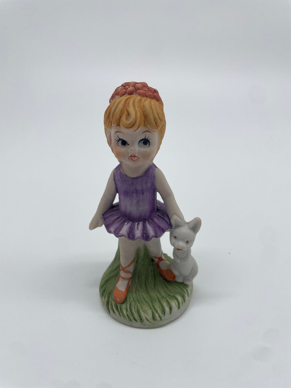 Vintage Ballerina Girl with Cat Ceramic Figurine – Purple Tutu