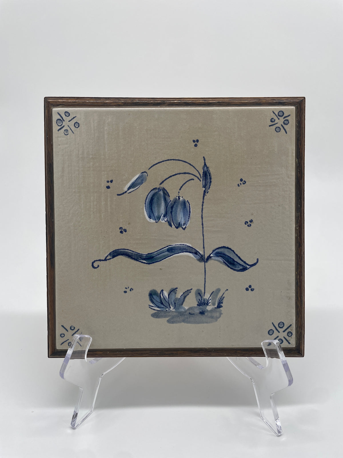 Vintage Hand-Painted Blue Floral Ceramic Tile in Cream-Gray Wood Frame
