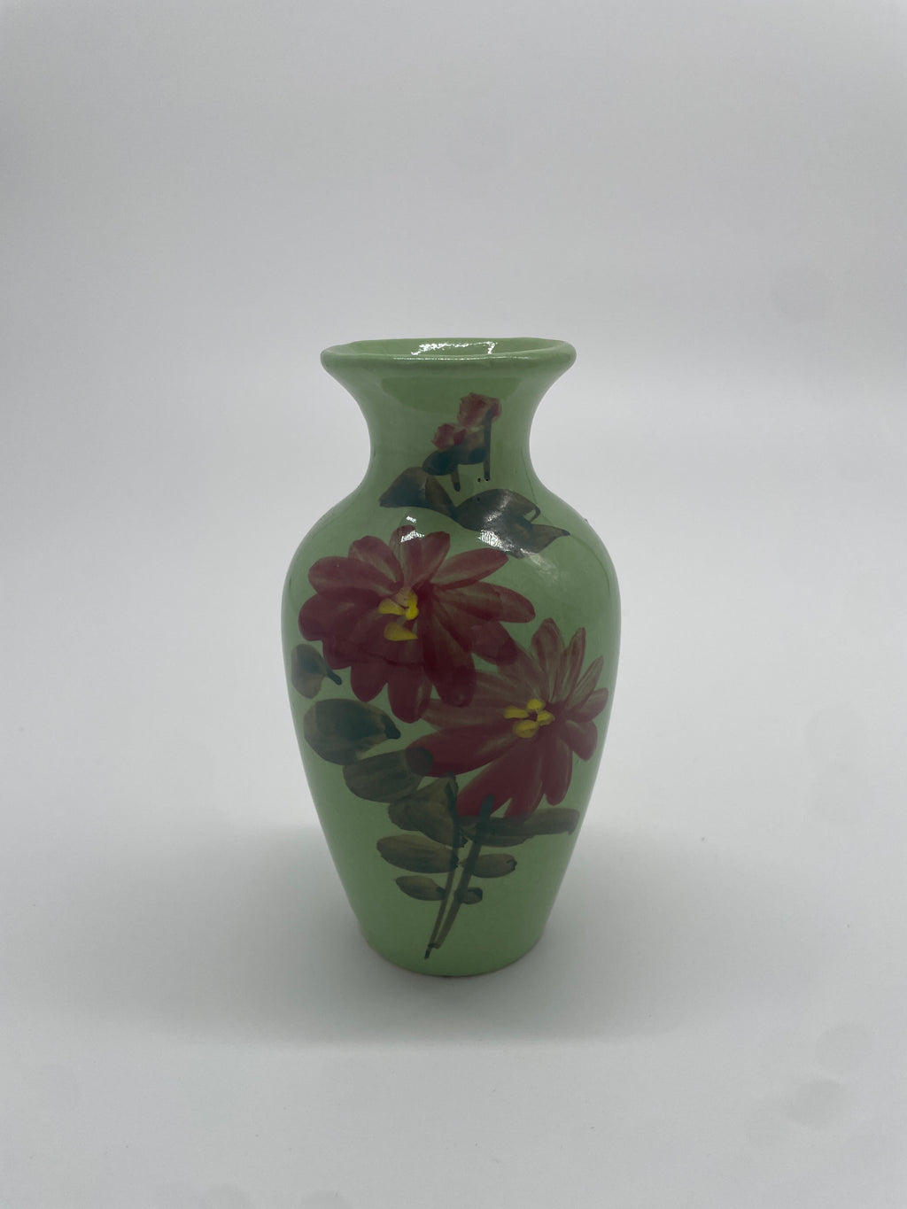 Vintage Made in Taiwan Green Hand-Painted Floral Bud Vase