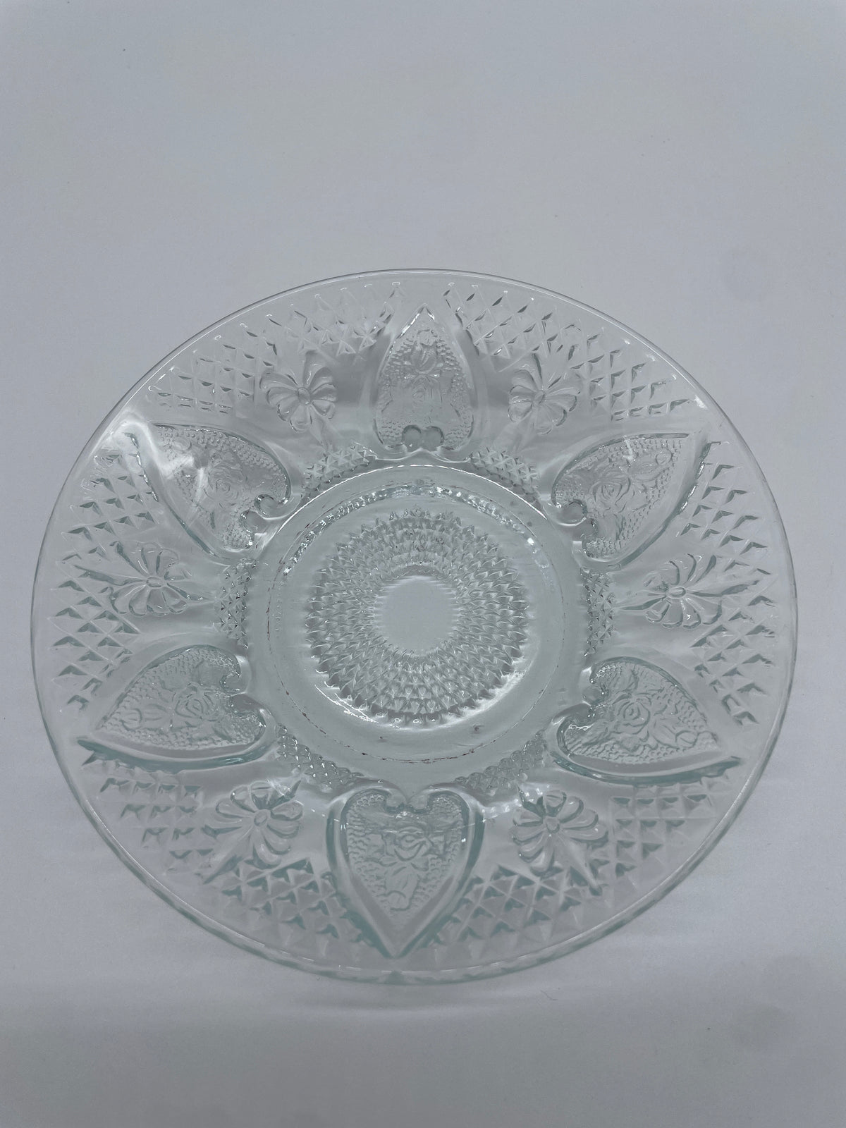 Vintage Clear Pressed Glass Heart & Floral Decorative Plate