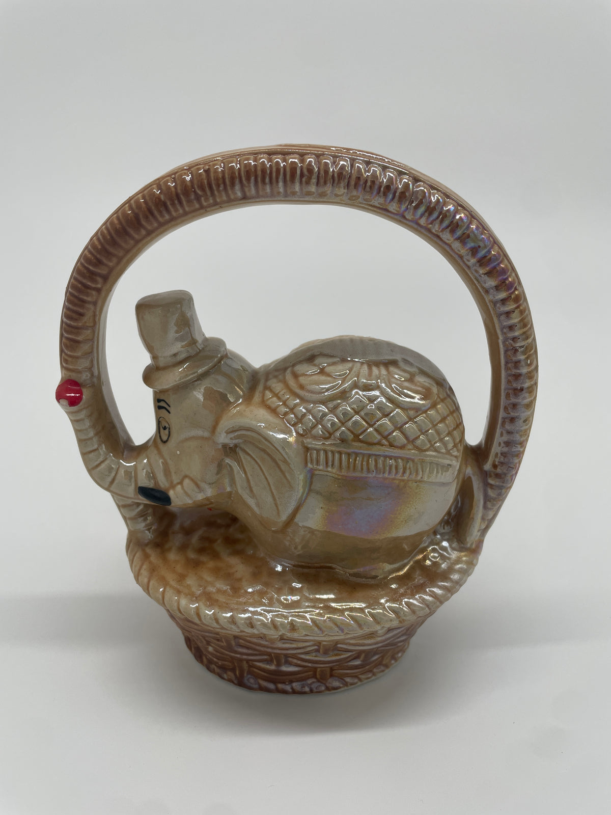 Vintage Brazilian Lusterware Elephant in Basket #1906