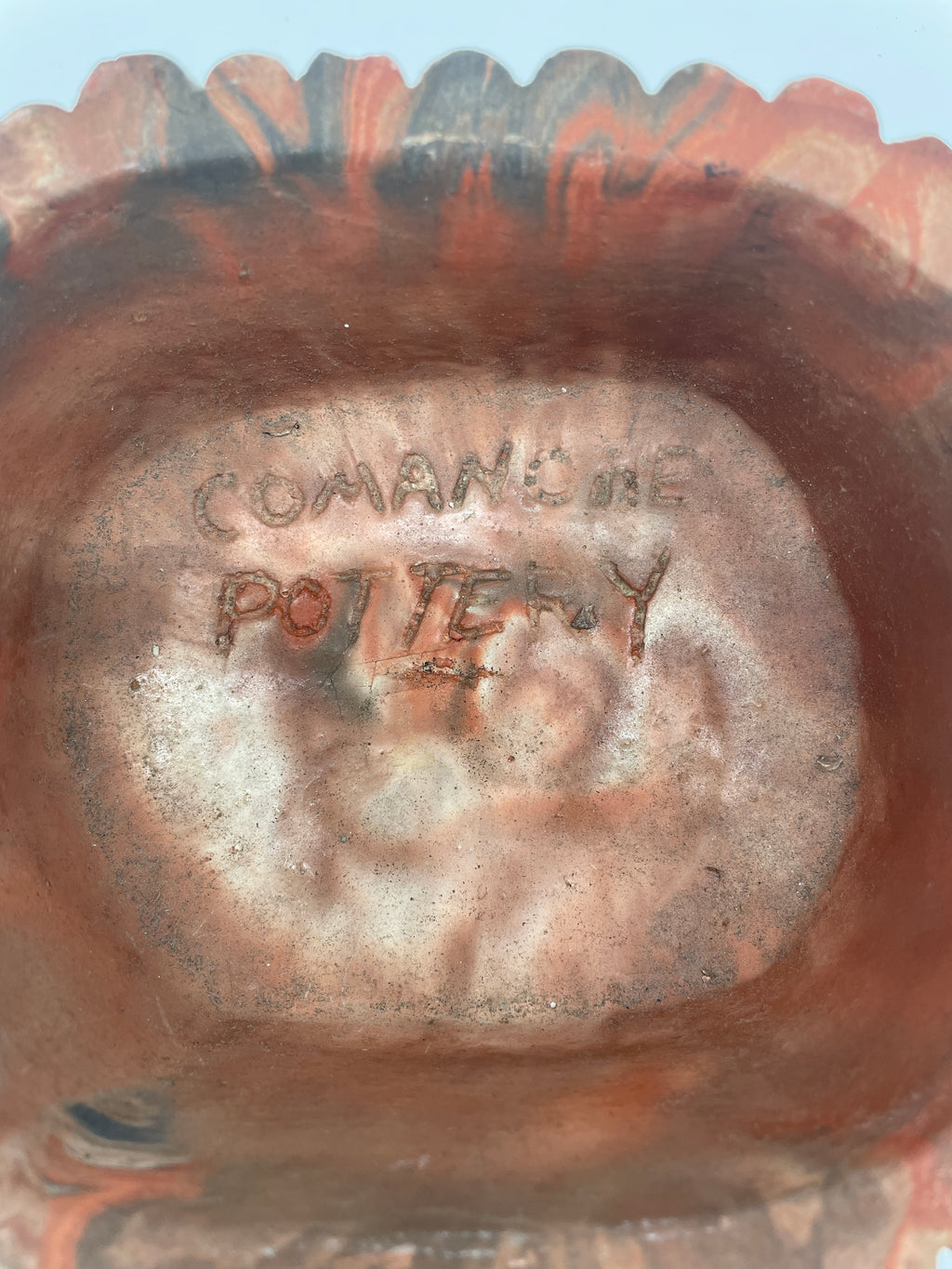 Vintage Comanche Pottery Marbled Swirl Bowl – Red, Black & Cream