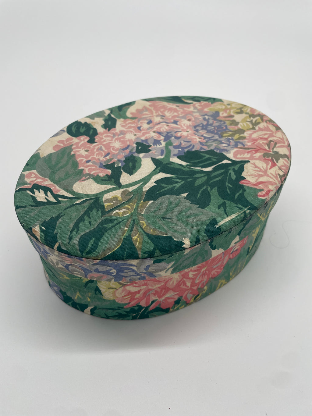 Vintage Floral Fabric-Covered Oval Keepsake Box – Green, Pink & Lavender