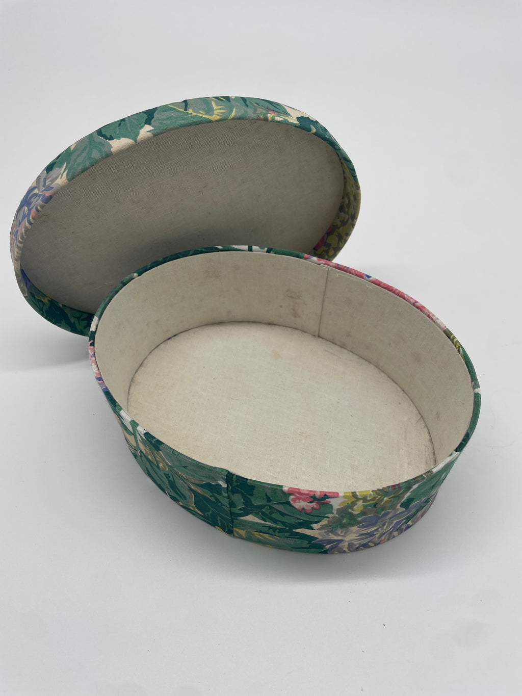 Vintage Floral Fabric-Covered Oval Keepsake Box – Green, Pink & Lavender