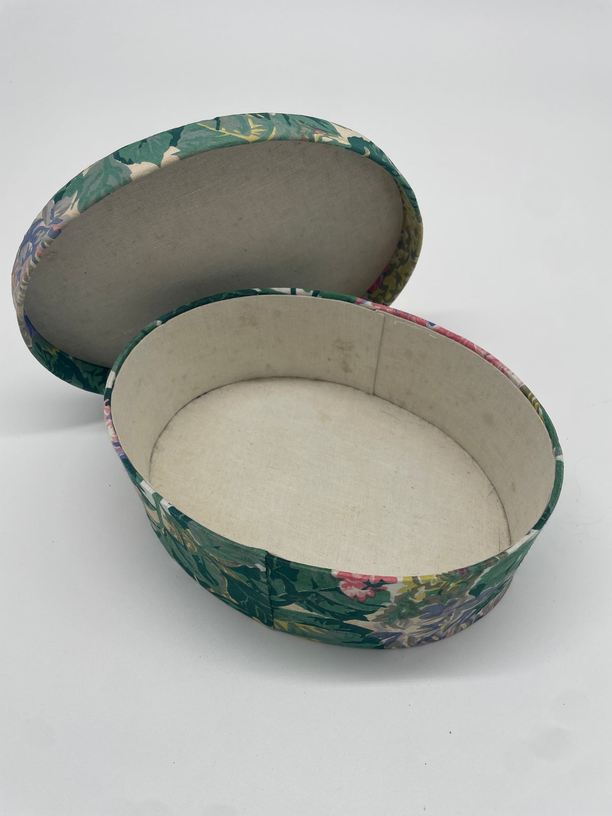Vintage Floral Fabric-Covered Oval Keepsake Box – Green, Pink & Lavender