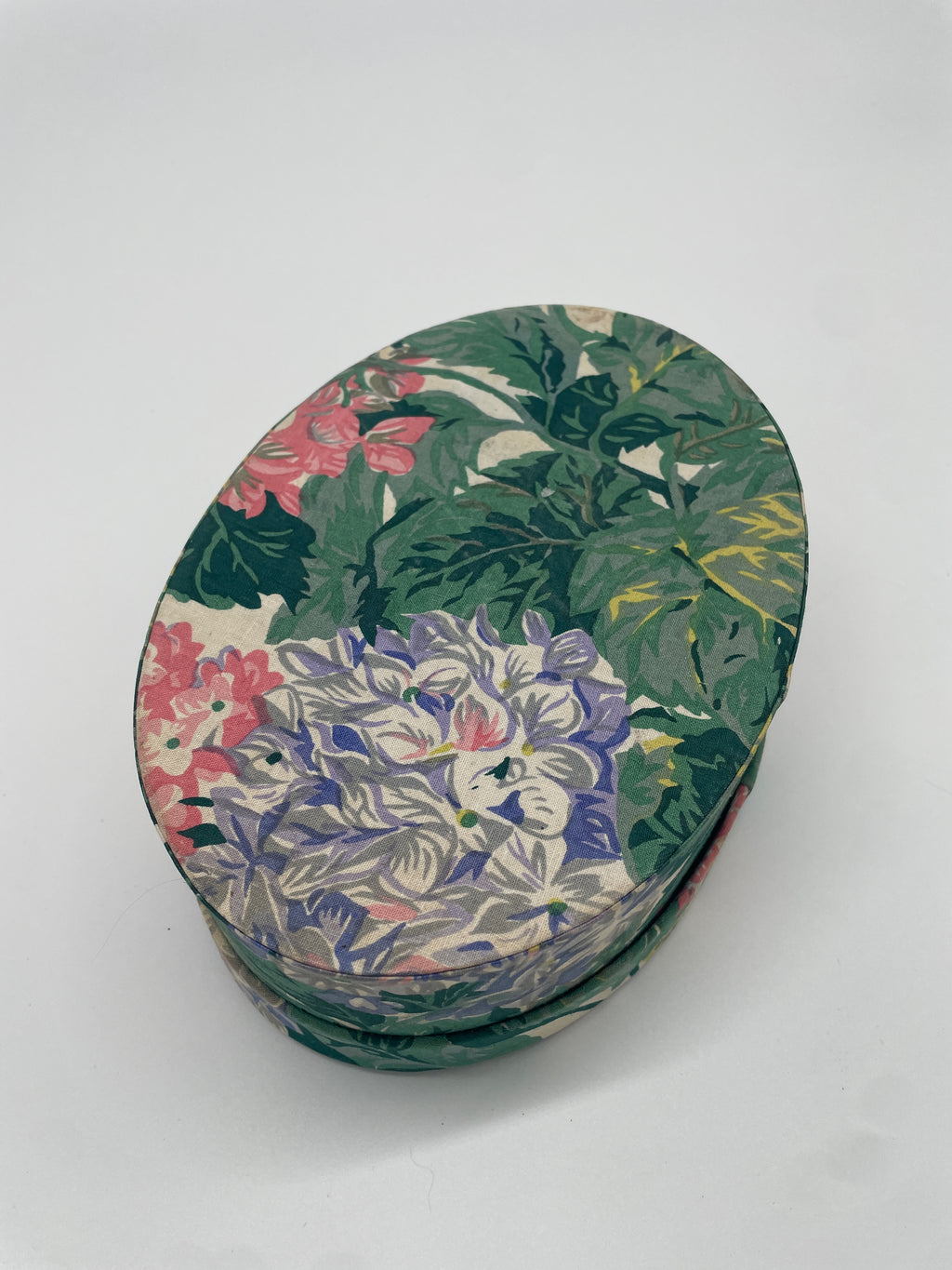 Vintage Floral Fabric-Covered Oval Keepsake Box – Green, Pink & Lavender