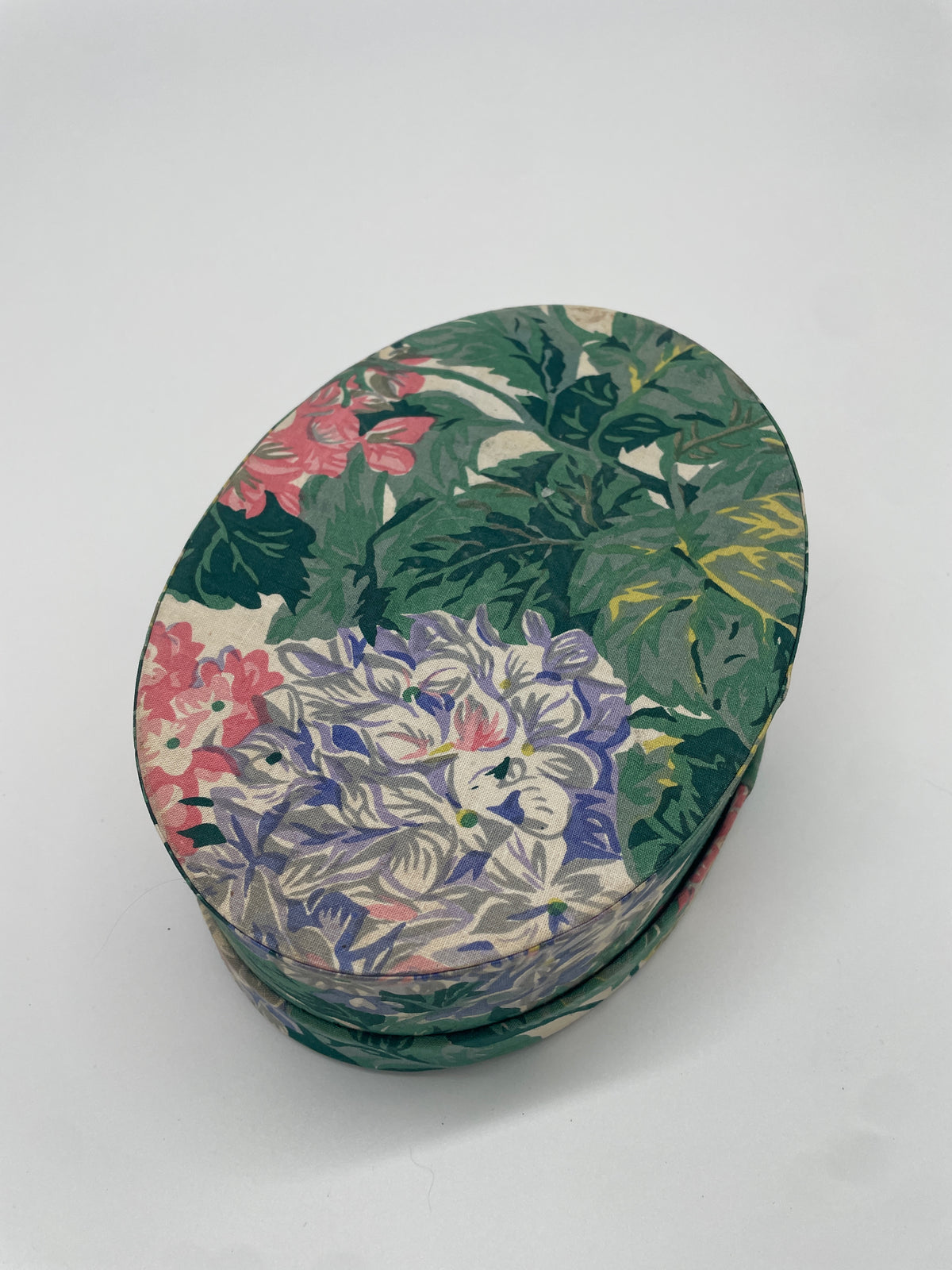 Vintage Floral Fabric-Covered Oval Keepsake Box – Green, Pink & Lavender