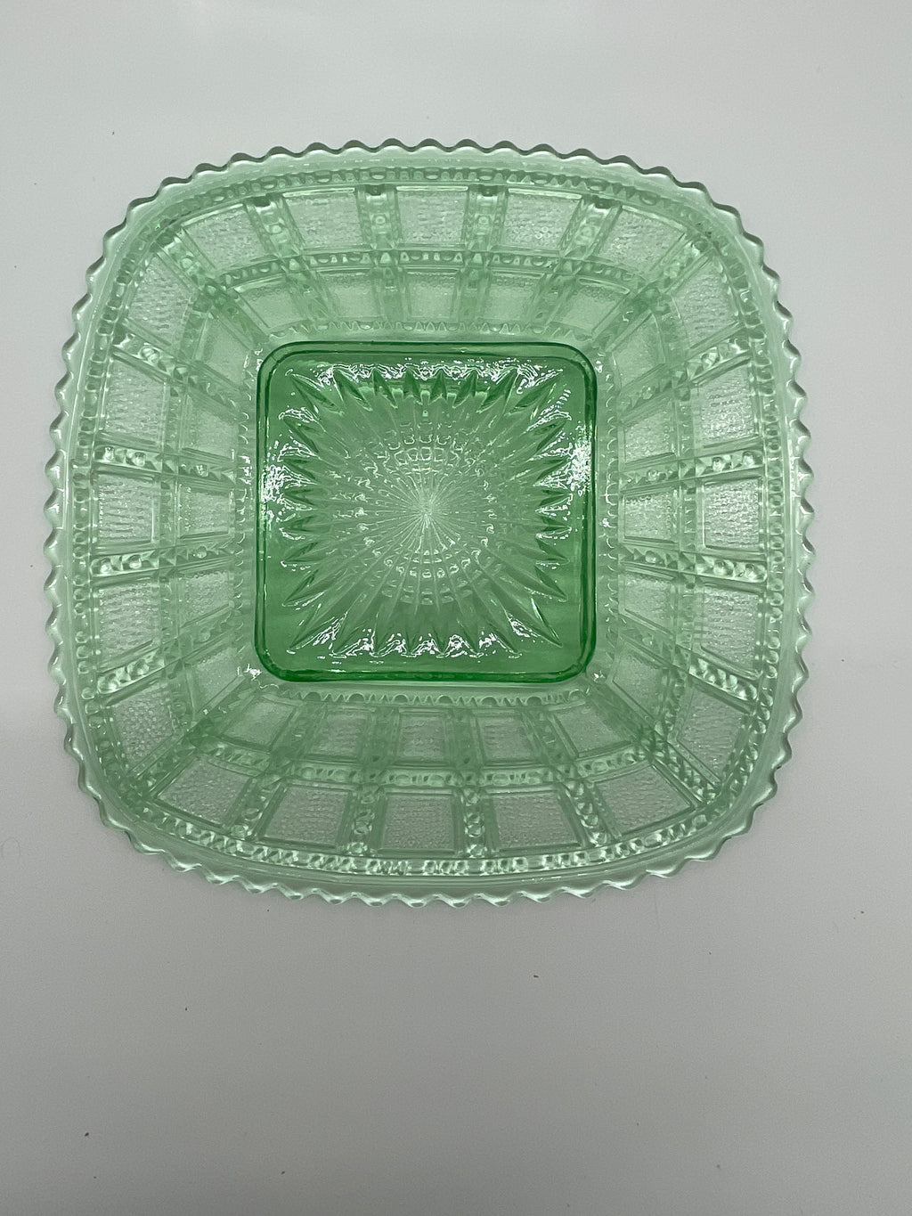 Vintage Green Pressed Glass Square Starburst Bowls – Set of 2