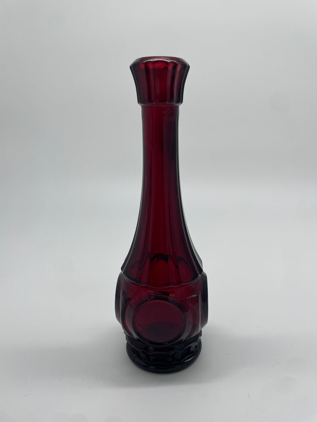 Vintage Ruby Red Bullseye Glass Bud Vase – Tall Fluted Neck