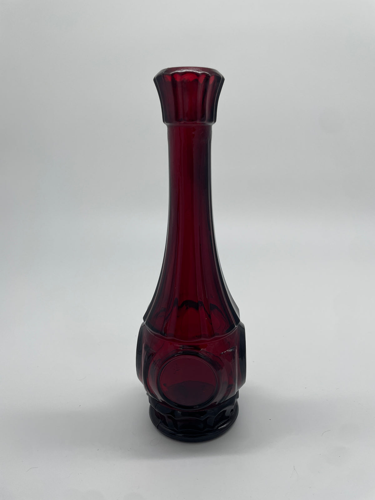 Vintage Ruby Red Bullseye Glass Bud Vase – Tall Fluted Neck
