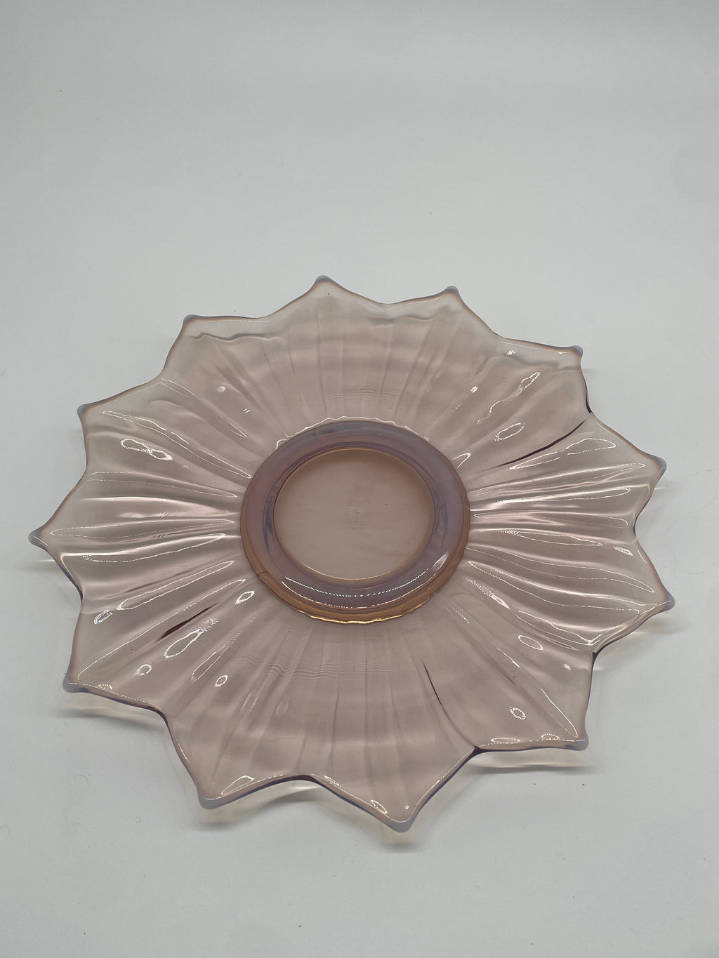 Vintage Pale Pink Opalescent Art Glass Ruffled Flower Bowl – Purple Blue Rim
