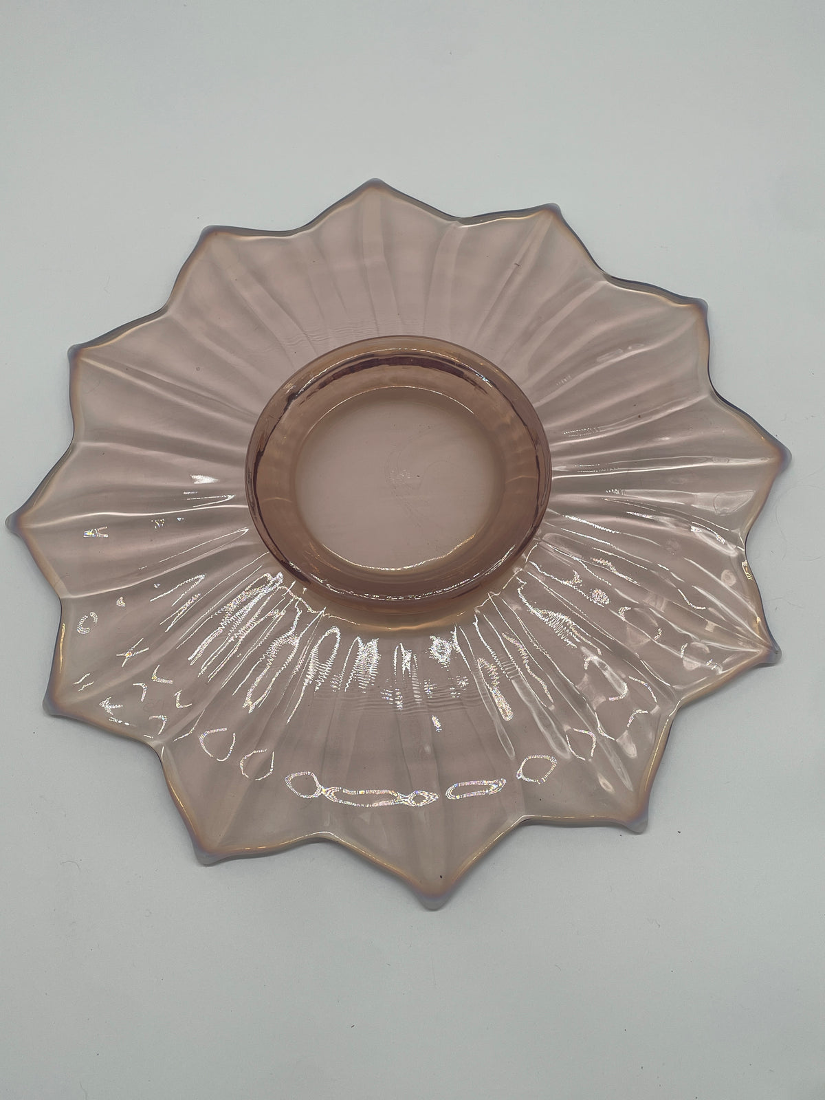 Vintage Pale Pink Opalescent Art Glass Ruffled Flower Bowl – Purple Blue Rim