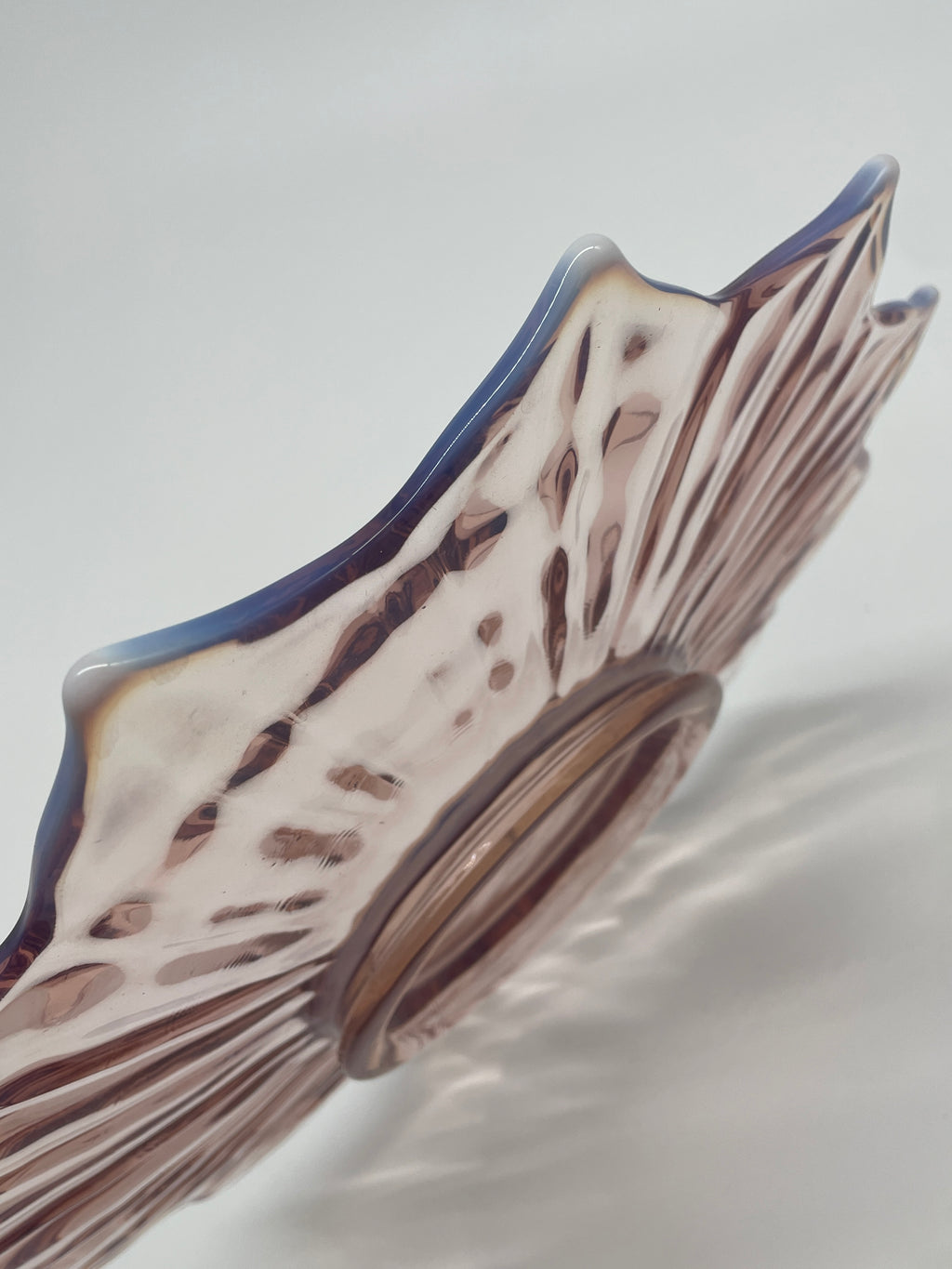 Vintage Pale Pink Opalescent Art Glass Ruffled Flower Bowl – Purple Blue Rim