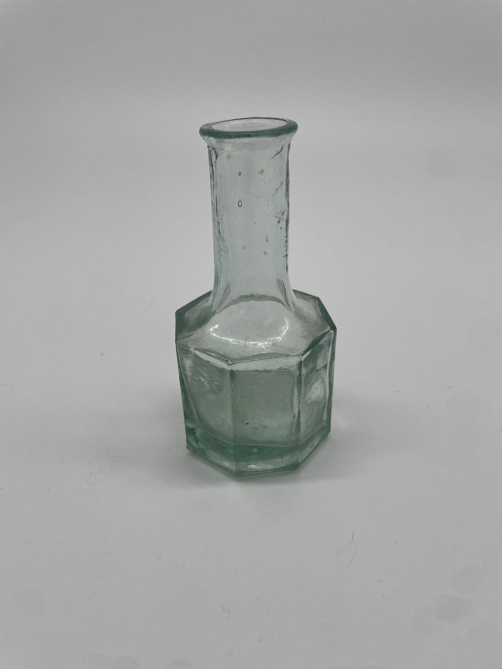 Vintage Pale Green Glass Octagonal Bottle – Long Neck & Rolled Rim