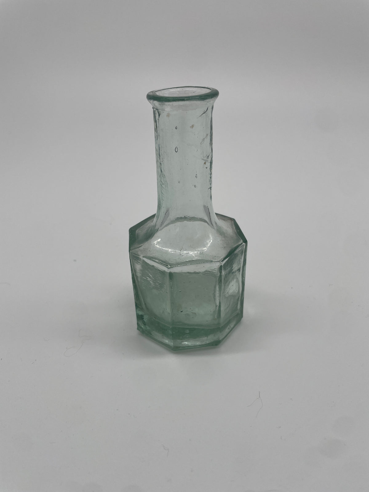 Vintage Pale Green Glass Octagonal Bottle – Long Neck & Rolled Rim