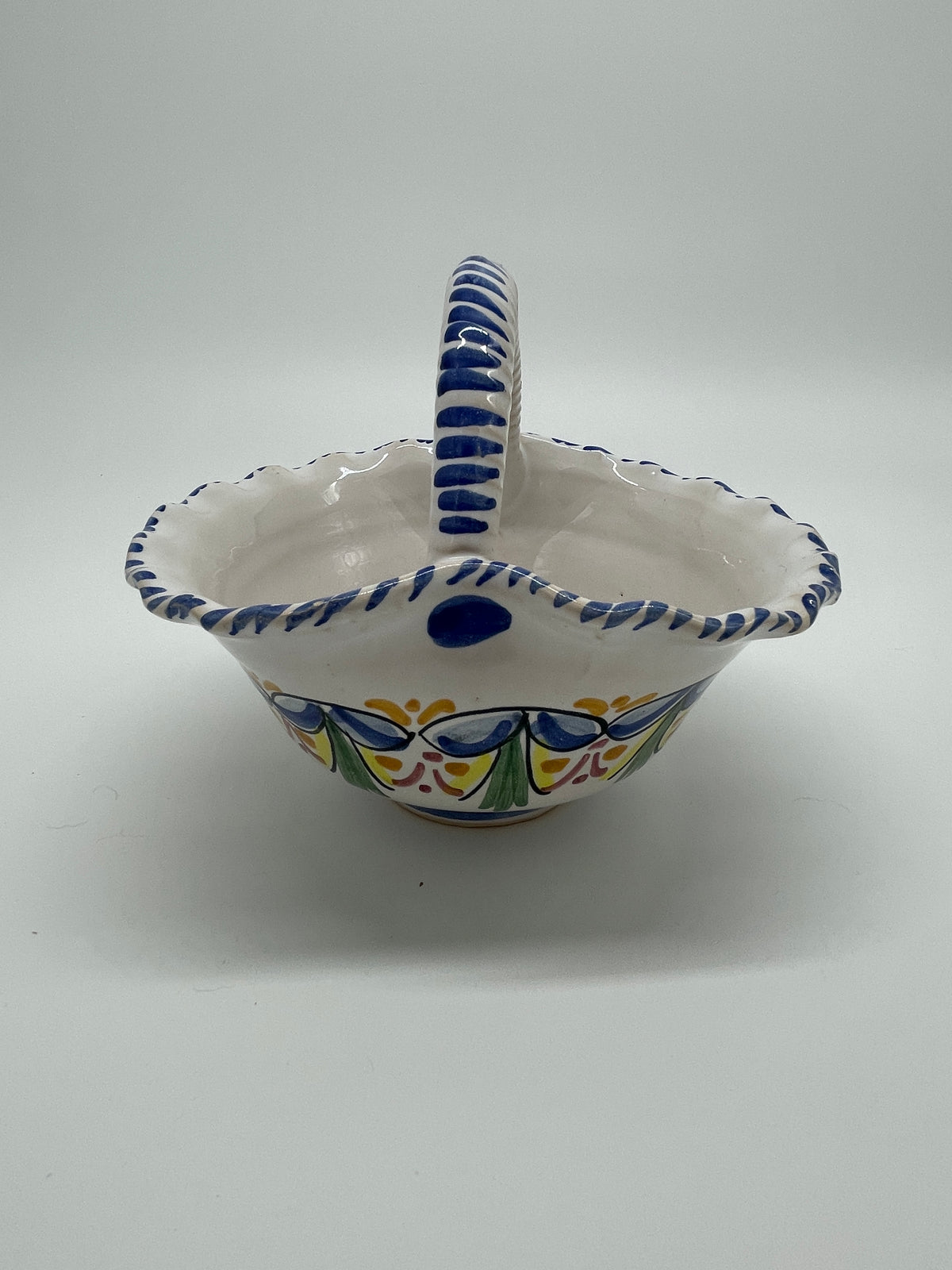 Vintage Spanish Hand-Painted Ceramic Basket – Blue Multicolor Folk Floral