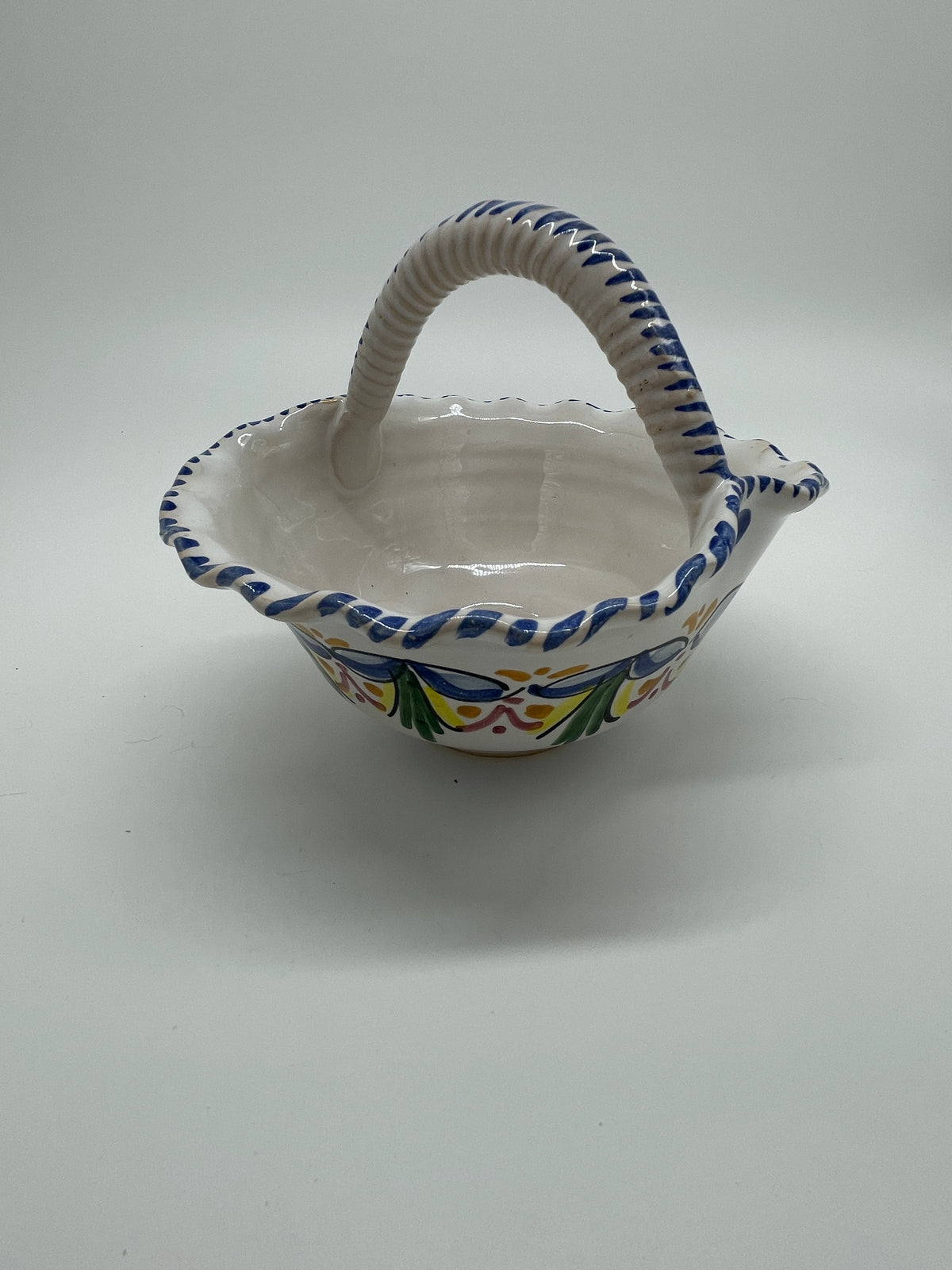 Vintage Spanish Hand-Painted Ceramic Basket – Blue Multicolor Folk Floral