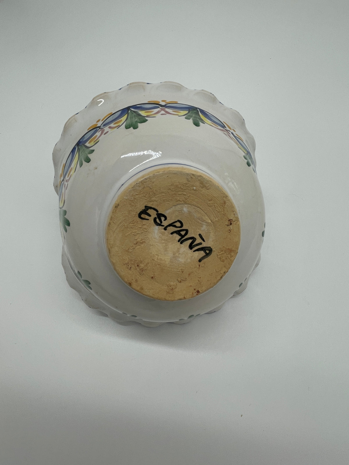 Vintage Spanish Hand-Painted Ceramic Basket – Blue Multicolor Folk Floral