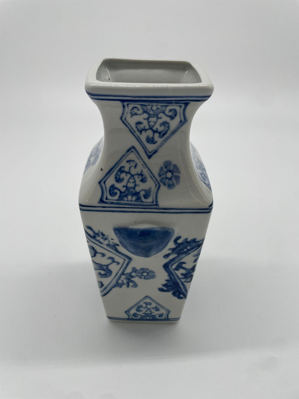 Vintage Chinese Blue & White Square Porcelain Vase – Floral & Geometric Motifs