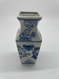 Vintage Chinese Blue & White Square Porcelain Vase – Floral & Geometric Motifs