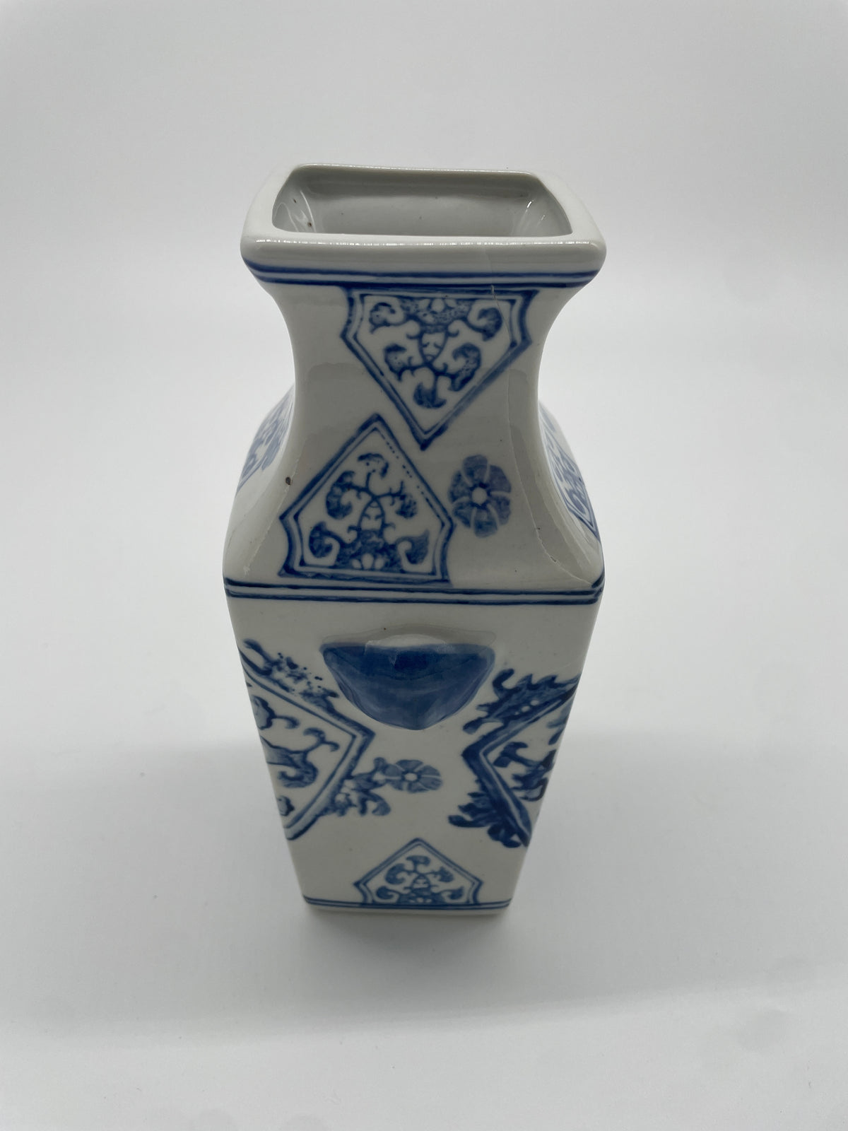 Vintage Chinese Blue & White Square Porcelain Vase – Floral & Geometric Motifs