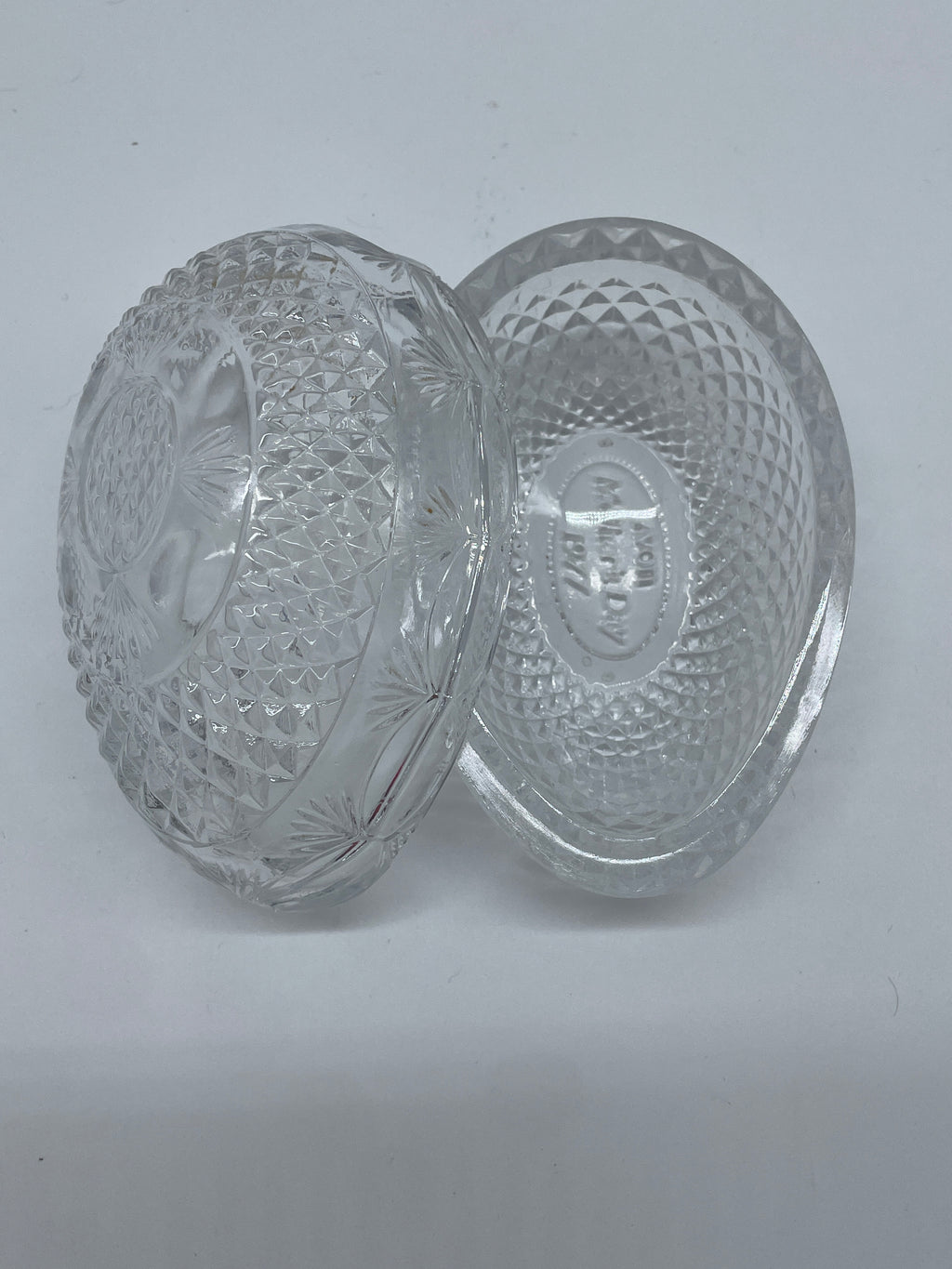 Vintage Avon Mother’s Day 1977 Clear Glass Egg-Shaped Covered Dish with Lid