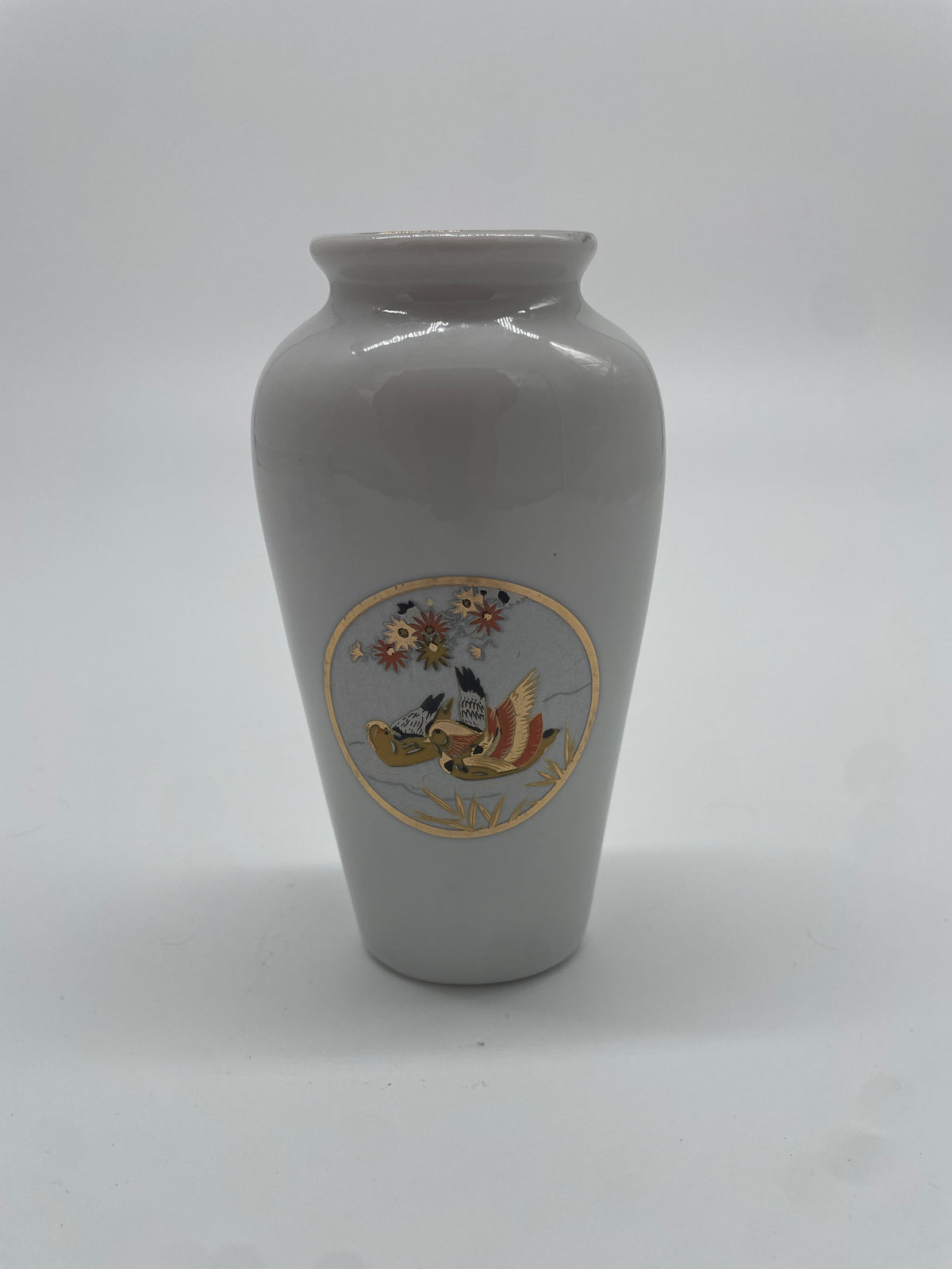 Vintage Art of Chokin Porcelain Vase with Mandarin Ducks – Gold & Silver Accents