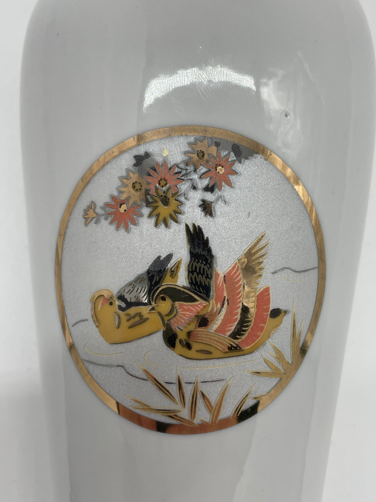 Vintage Art of Chokin Porcelain Vase with Mandarin Ducks – Gold & Silver Accents