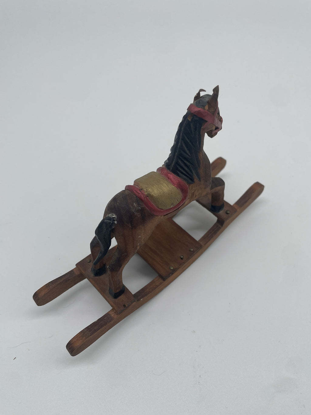 Vintage Wooden Rocking Horse Figurine – Hand-Painted Folk Art Style