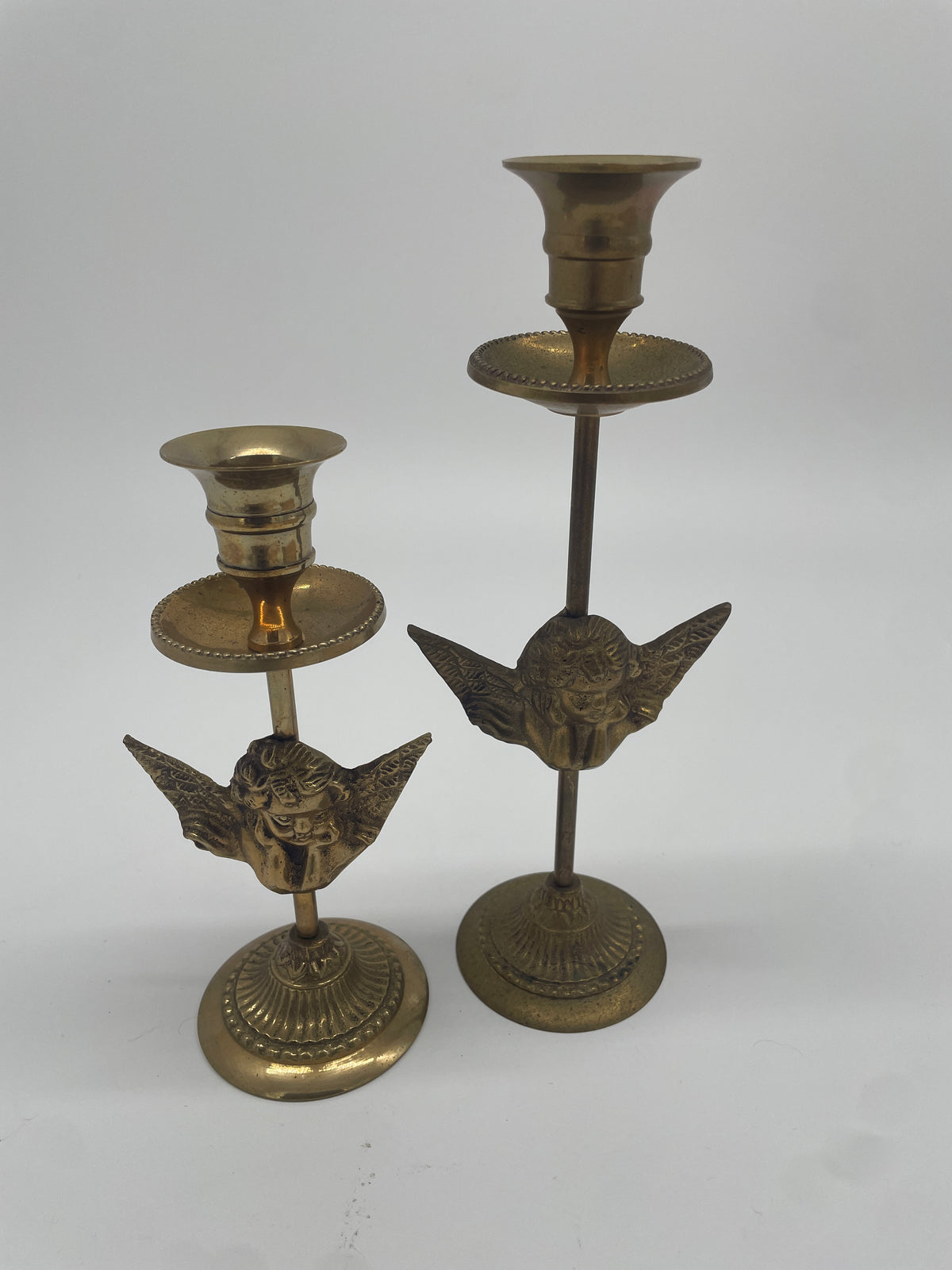 Vintage Brass Cherub Angel Candlesticks – Graduated Pair