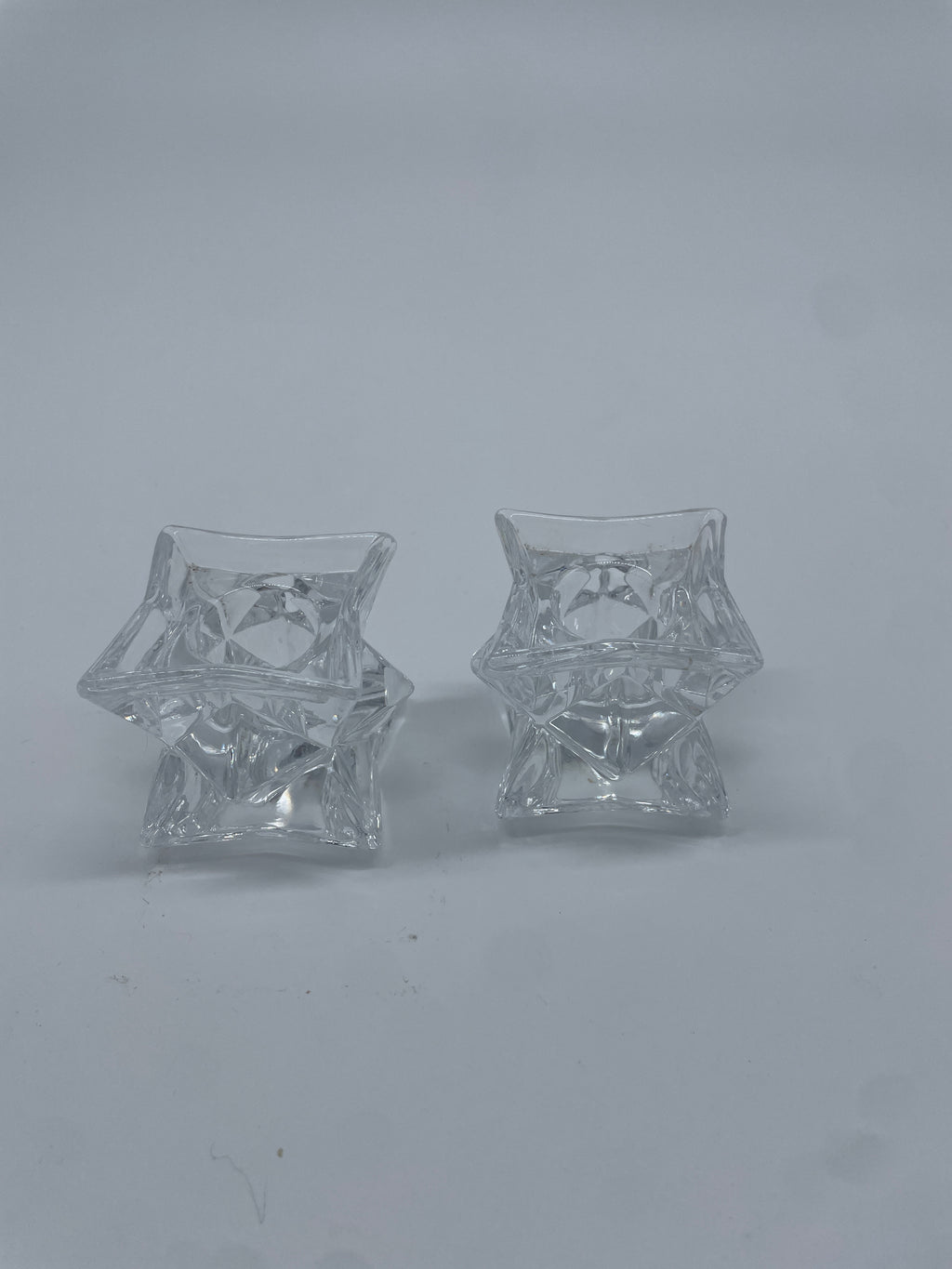 Vintage Clear Glass Geometric Square Candlestick Holders – Pair