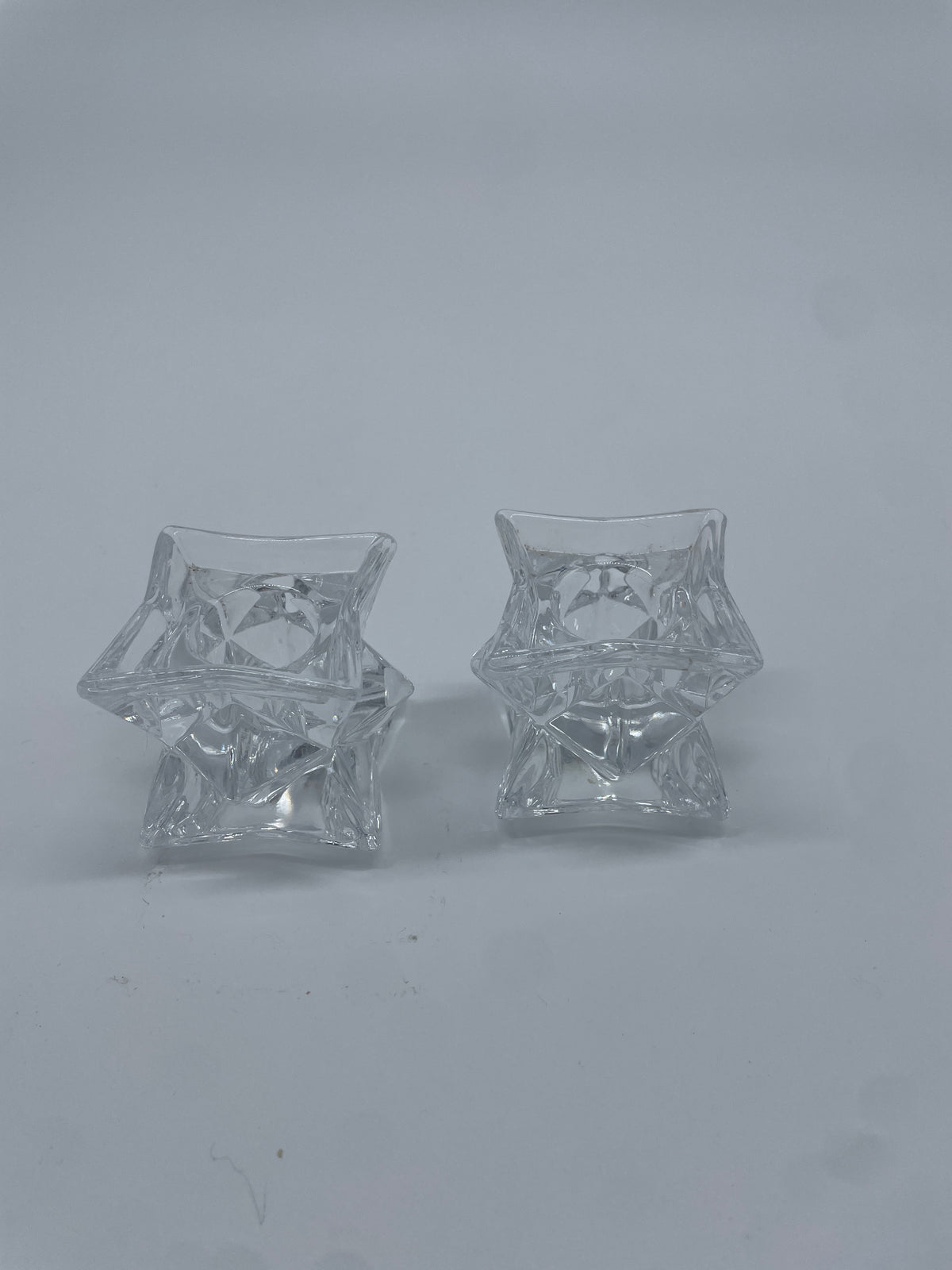 Vintage Clear Glass Geometric Square Candlestick Holders – Pair