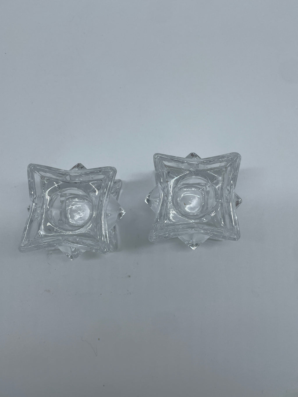 Vintage Clear Glass Geometric Square Candlestick Holders – Pair