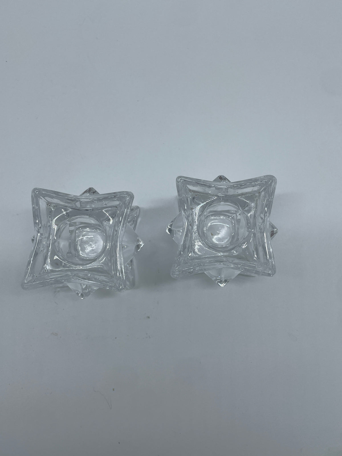 Vintage Clear Glass Geometric Square Candlestick Holders – Pair