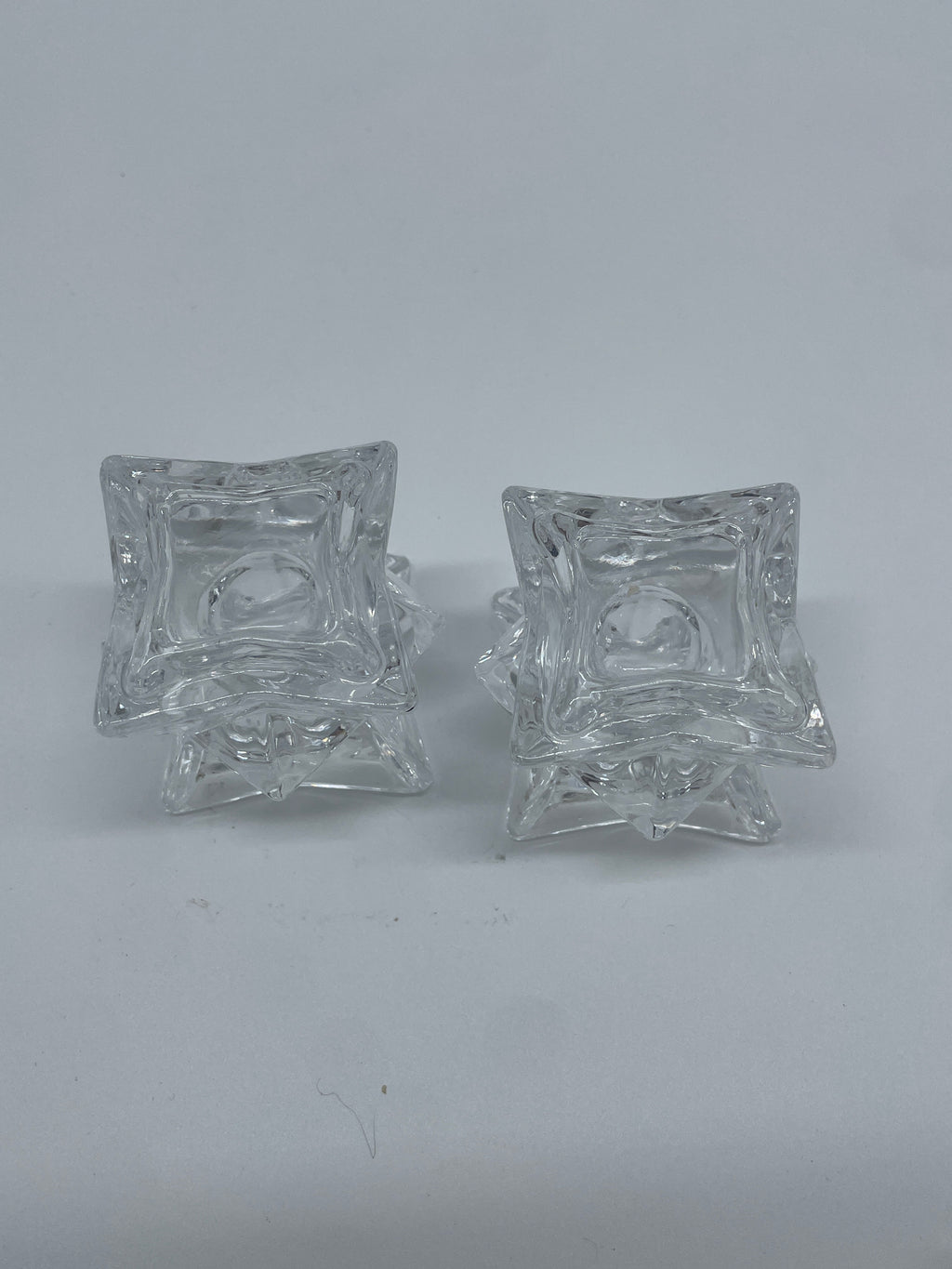 Vintage Clear Glass Geometric Square Candlestick Holders – Pair