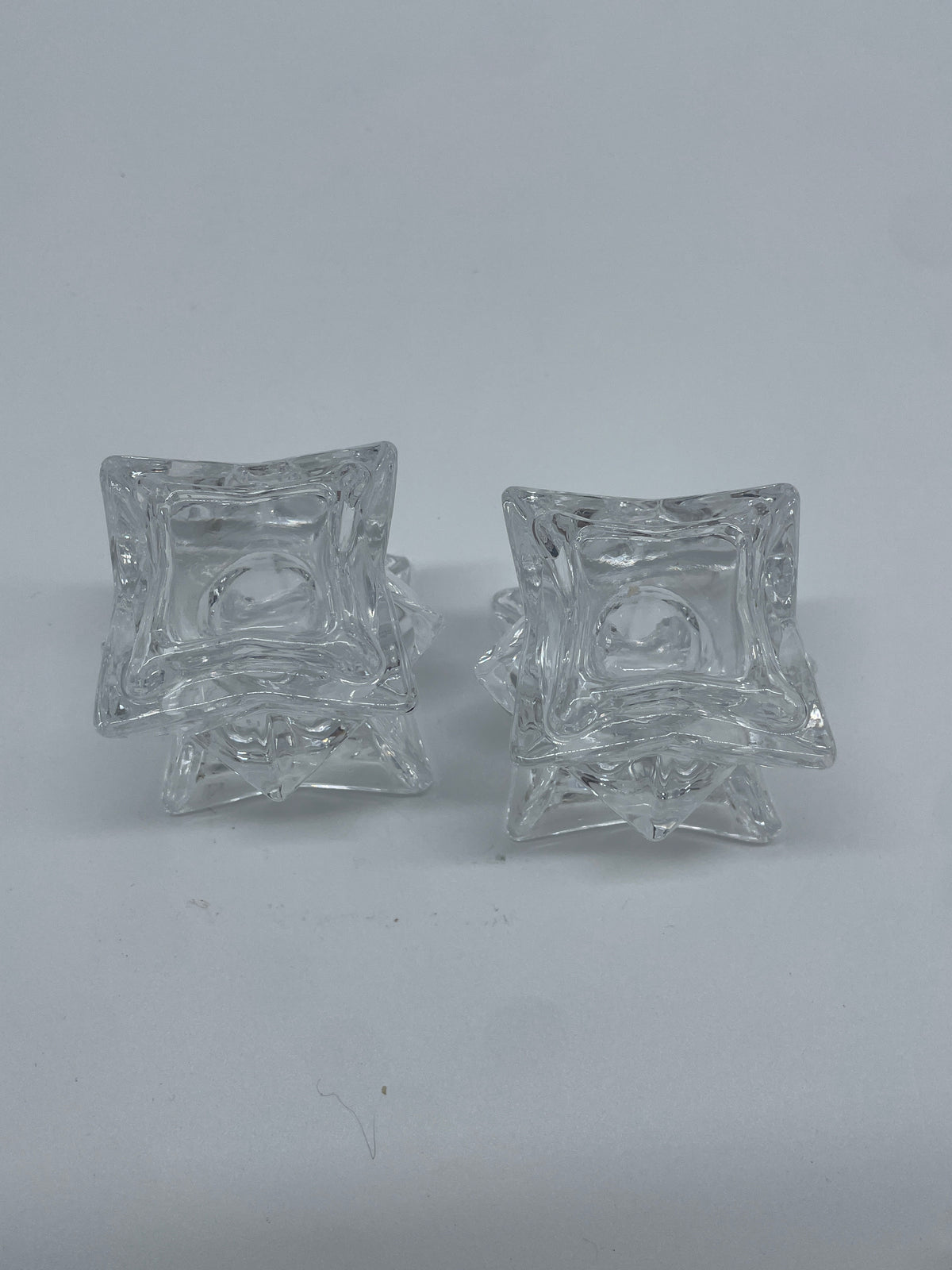 Vintage Clear Glass Geometric Square Candlestick Holders – Pair